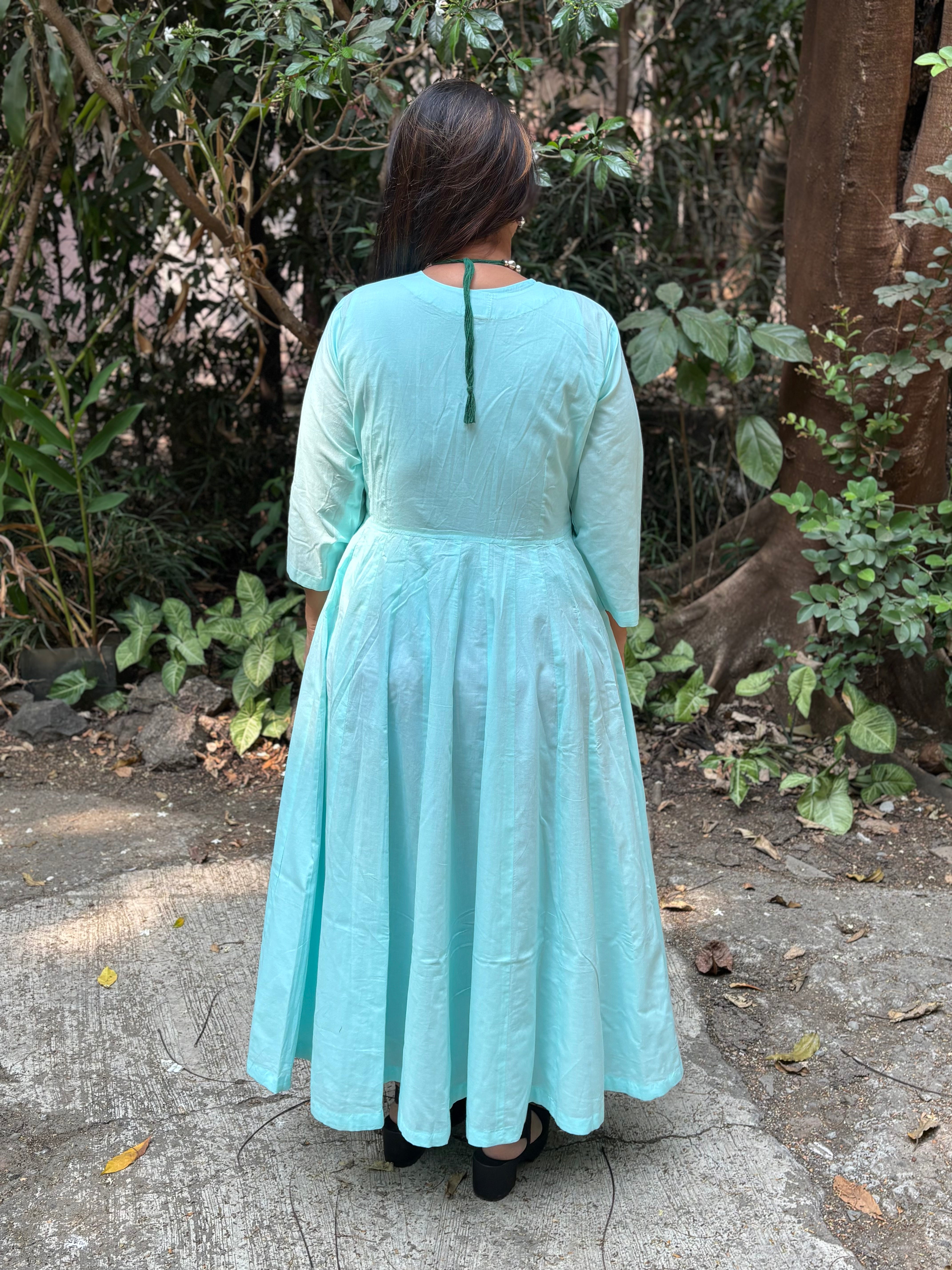 Aqua Blue Hand-Embroidered Jaipur Cotton Angarkha Dress