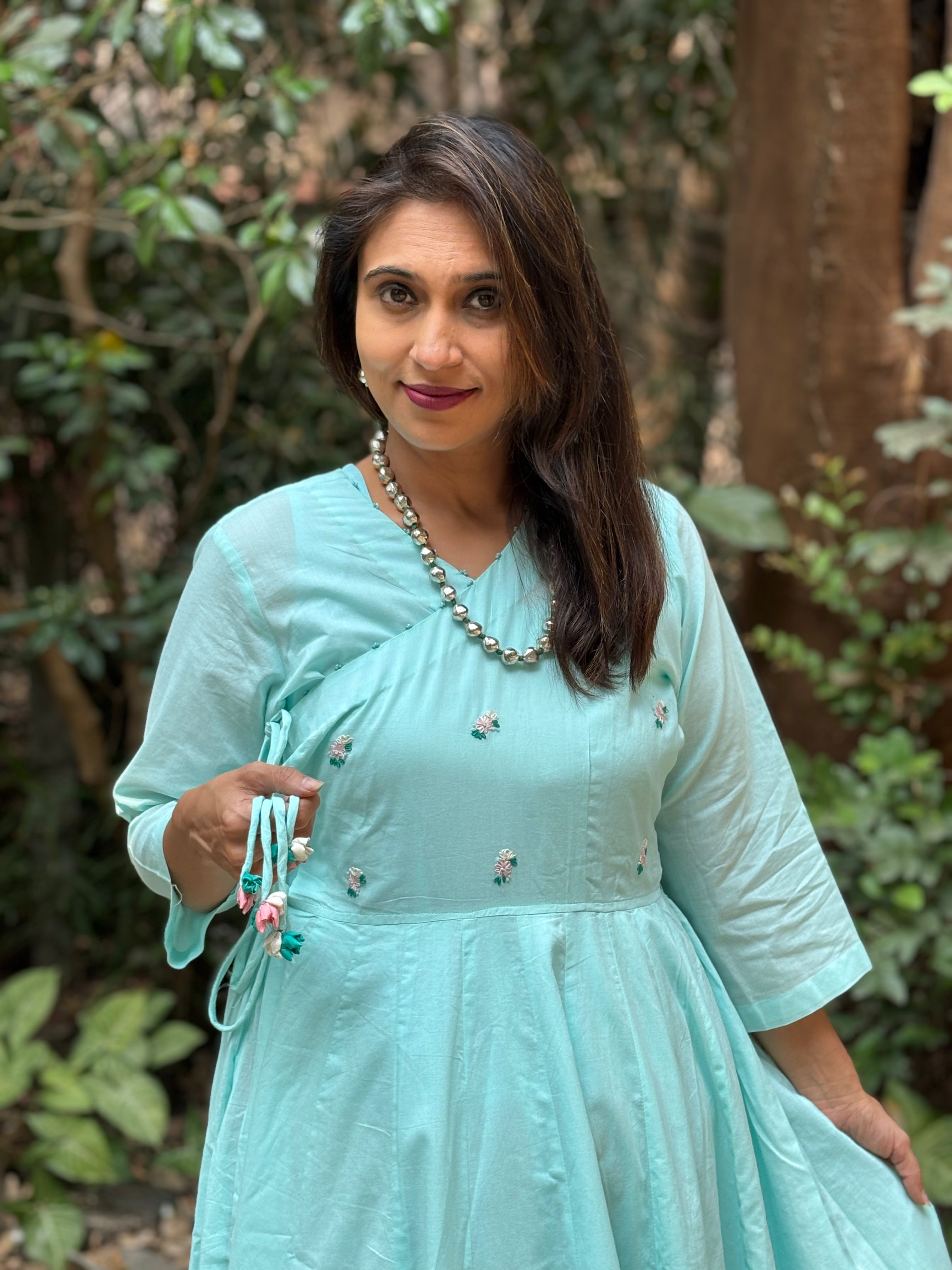Aqua Blue Hand-Embroidered Jaipur Cotton Angarkha Dress
