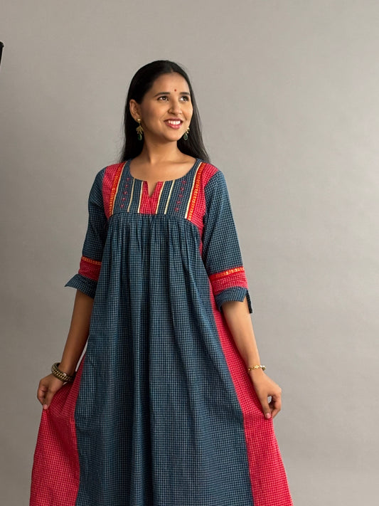 Cotton Gathered Kurta With Rust Red Pant Set