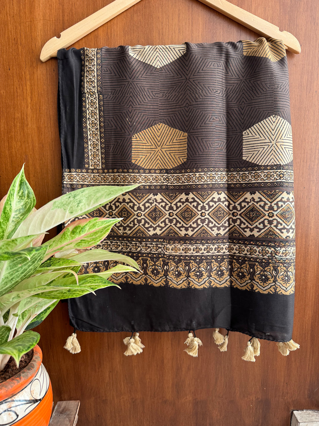 Brownish offwhite Ajrakh Chanderi Stole