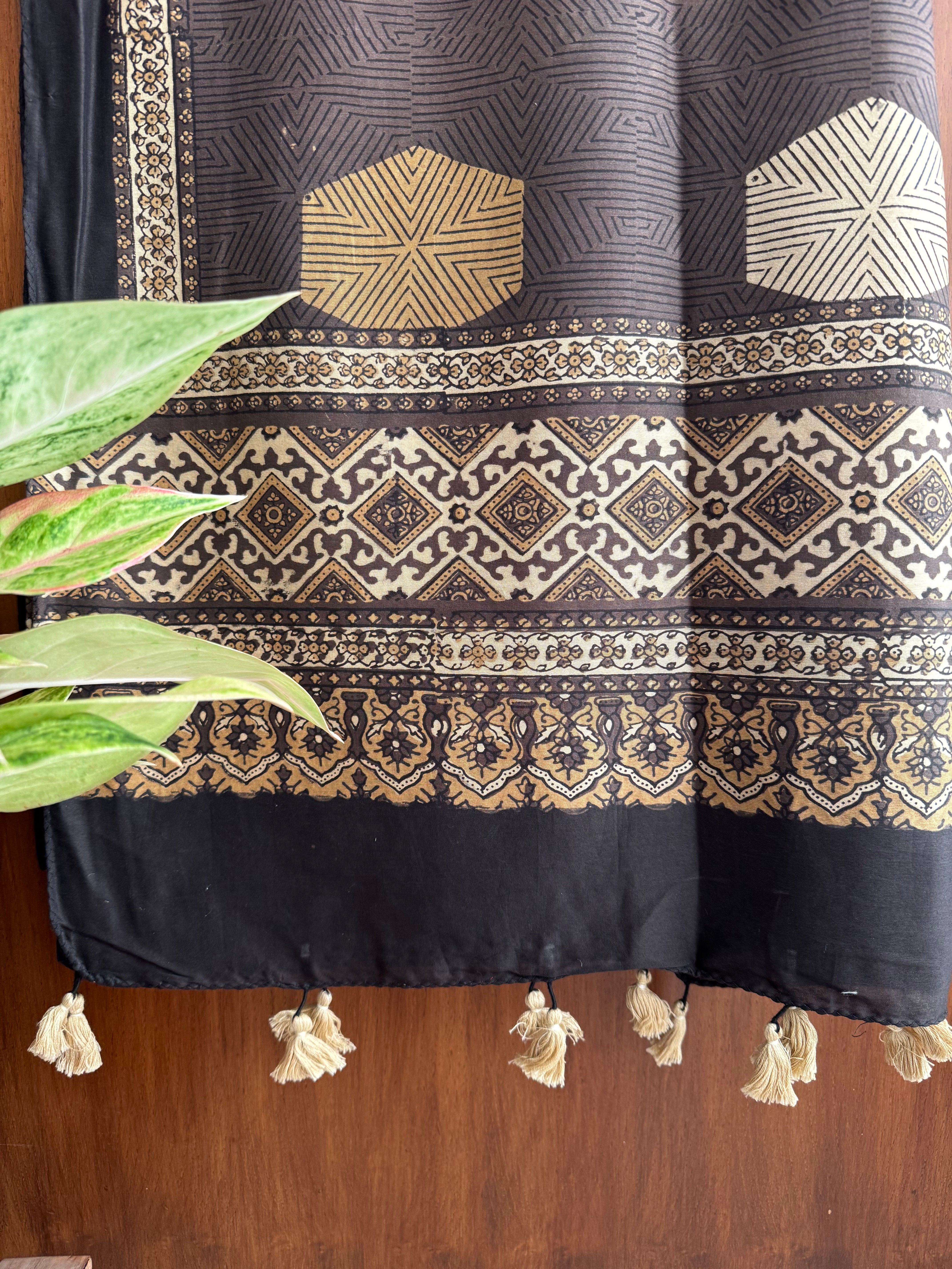 Brownish offwhite Ajrakh Chanderi Stole