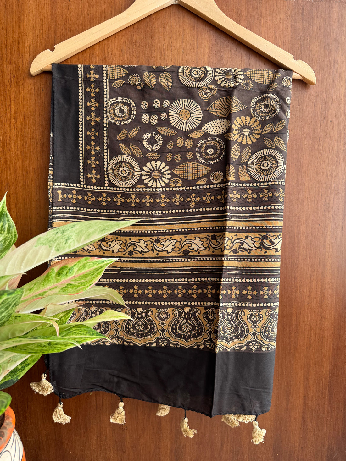 Brownish Yellow Ajrakh Chanderi Stole