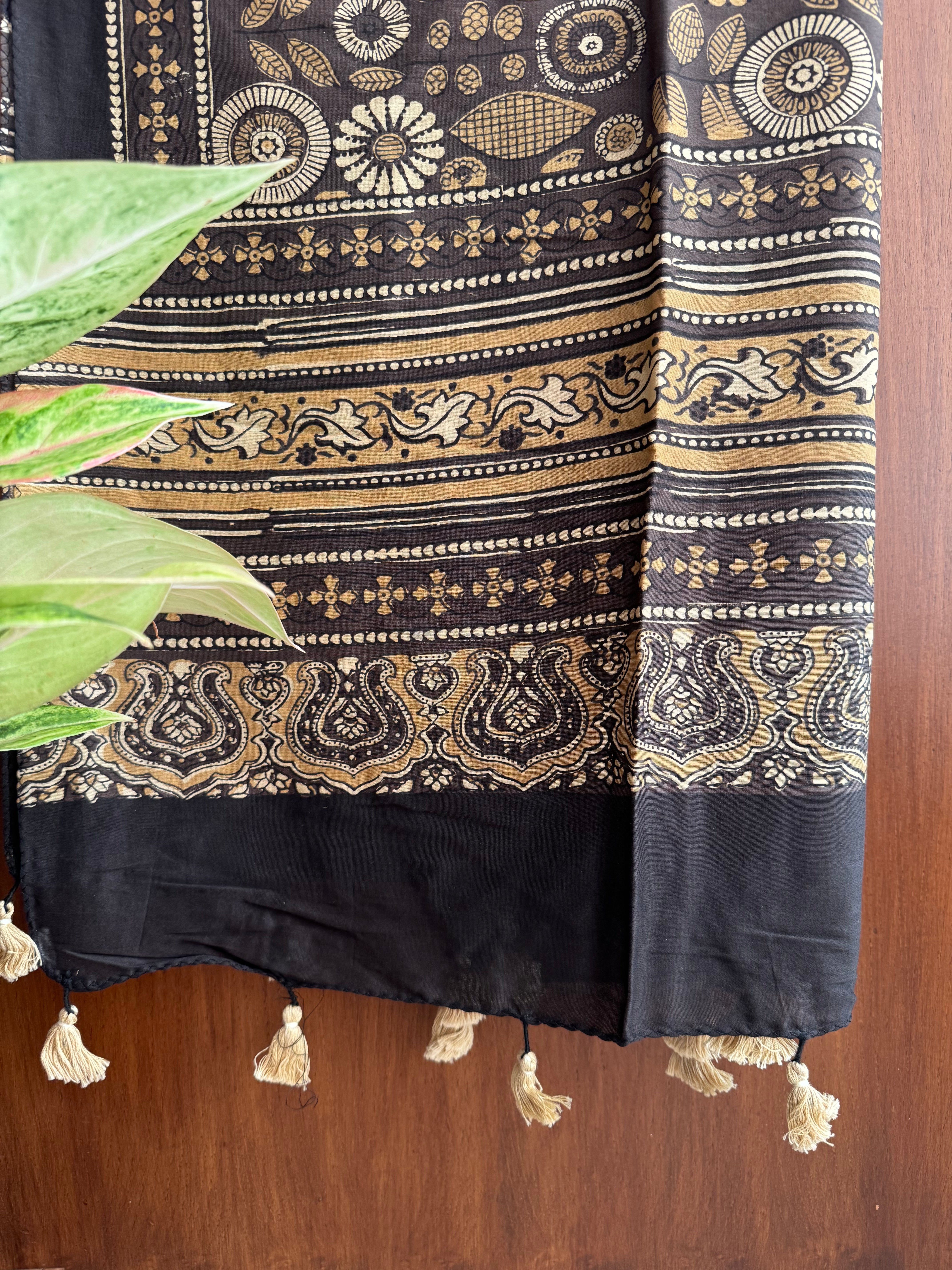 Brownish Yellow Ajrakh Chanderi Stole