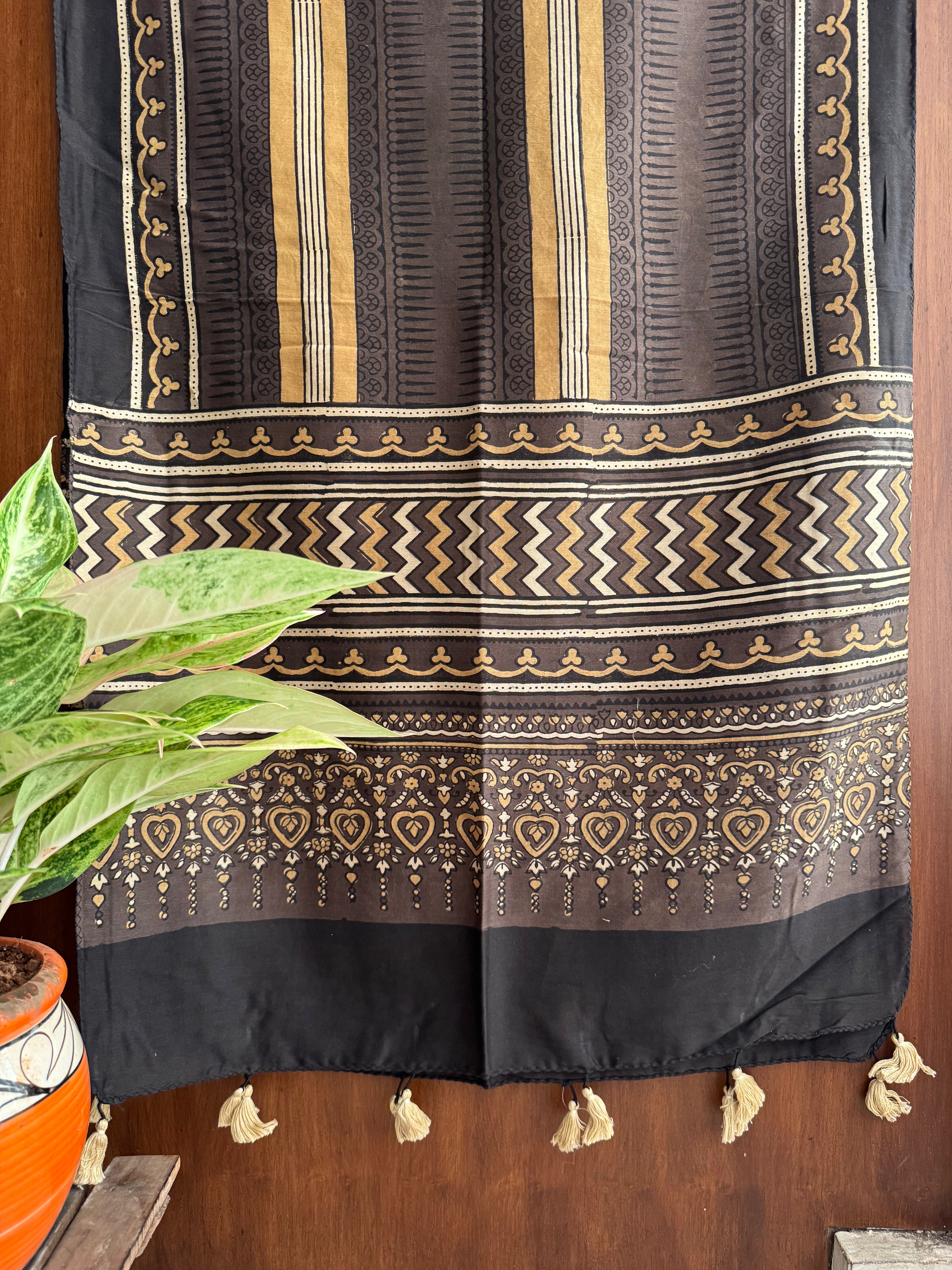 Brownish Yellow Ajrakh Chanderi Stole