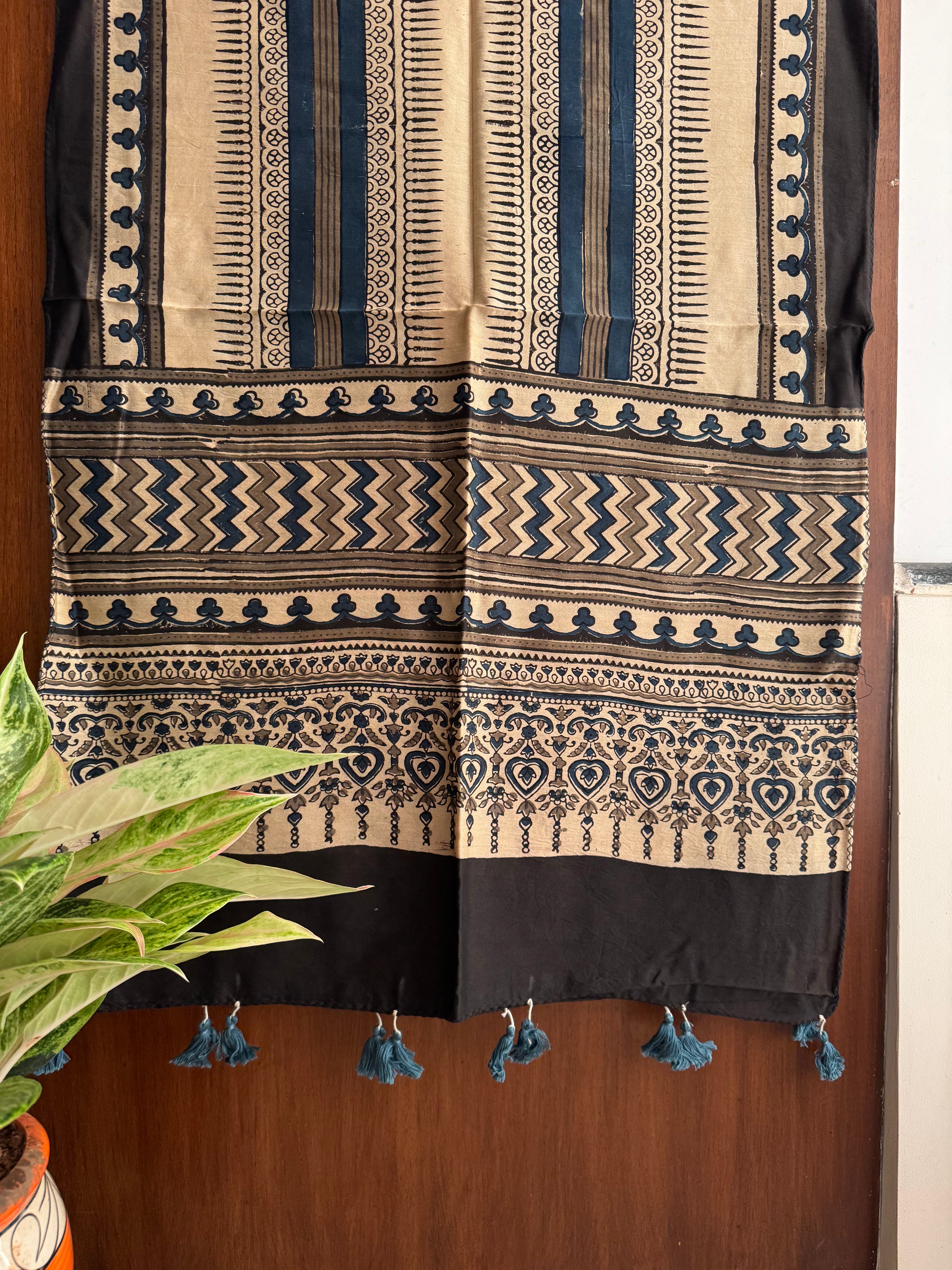Offwhite Brown Indigo Ajrakh Chanderi Stole.