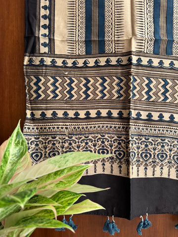 Offwhite Brown Indigo Ajrakh Chanderi Stole.