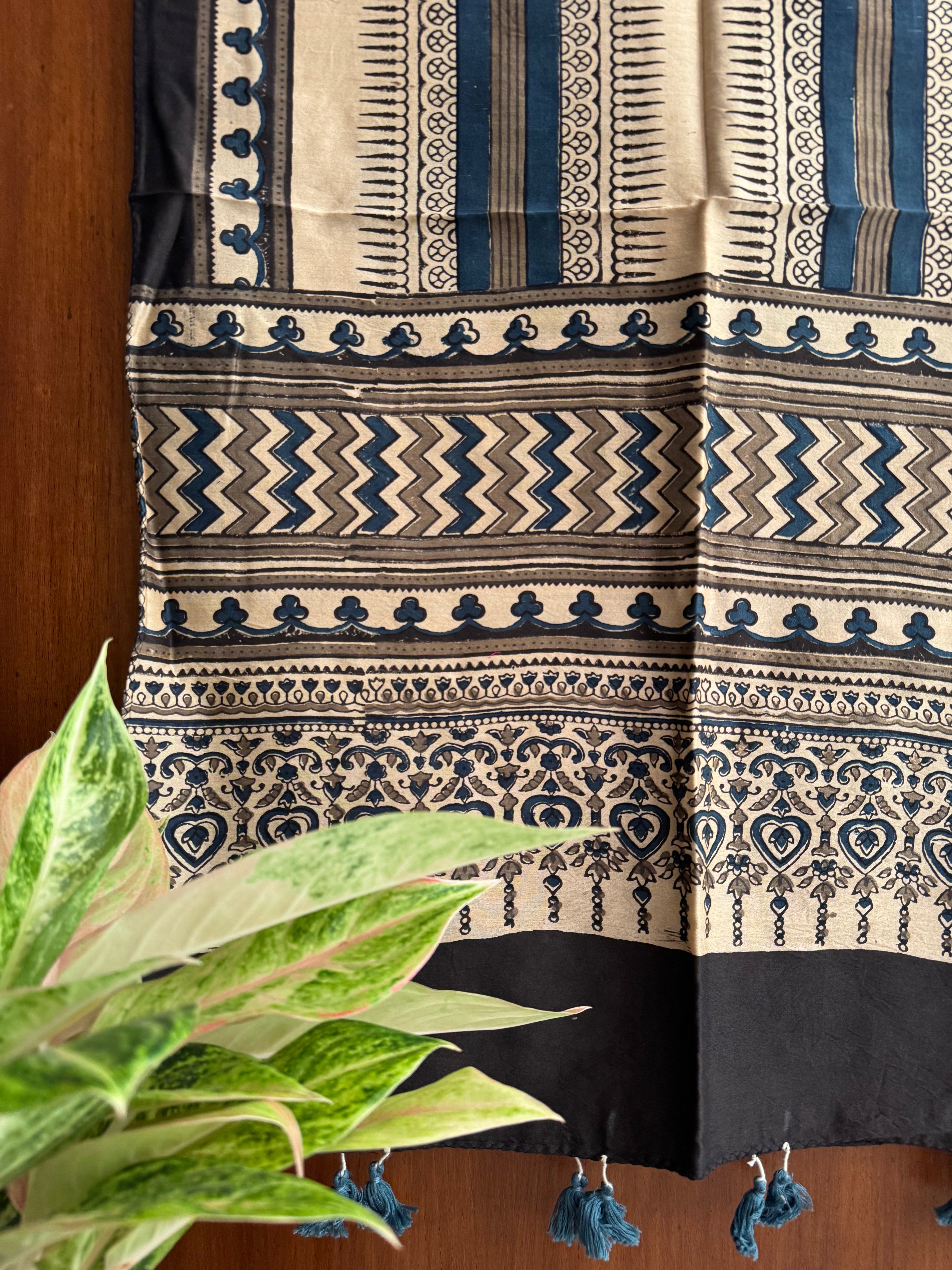 Offwhite Brown Indigo Ajrakh Chanderi Stole.