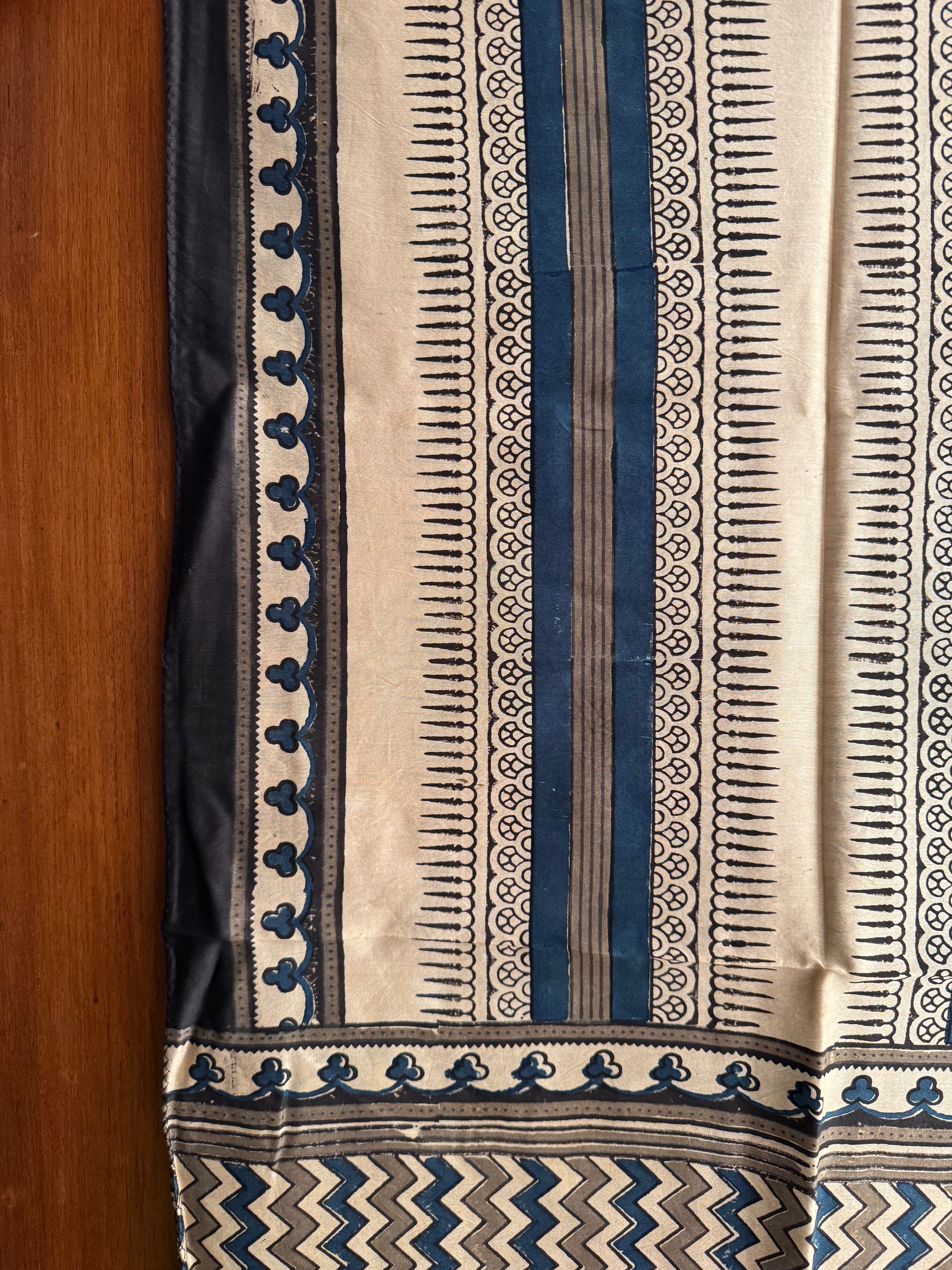 Offwhite Brown Indigo Ajrakh Chanderi Stole.