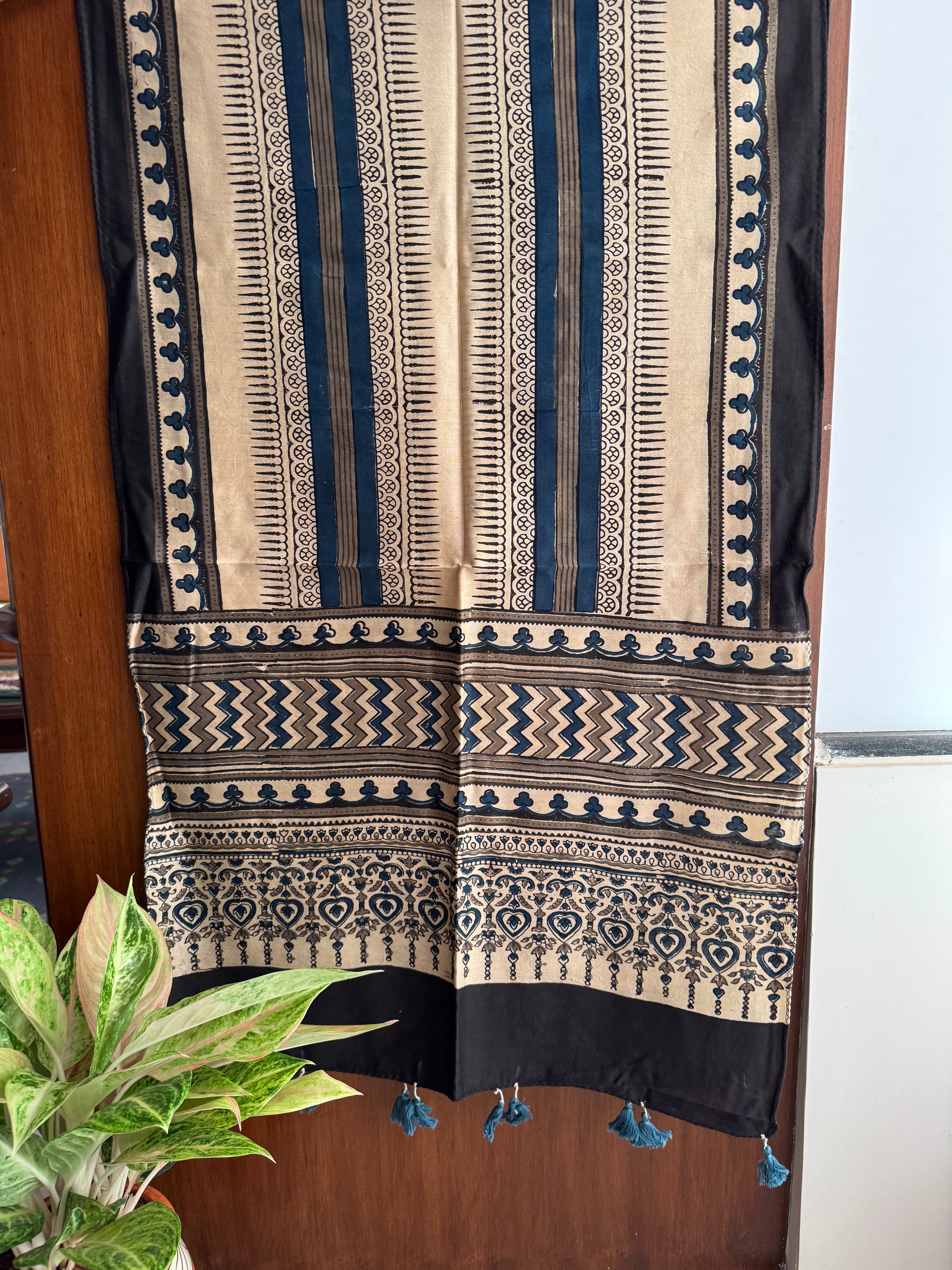 Offwhite Brown Indigo Ajrakh Chanderi Stole.