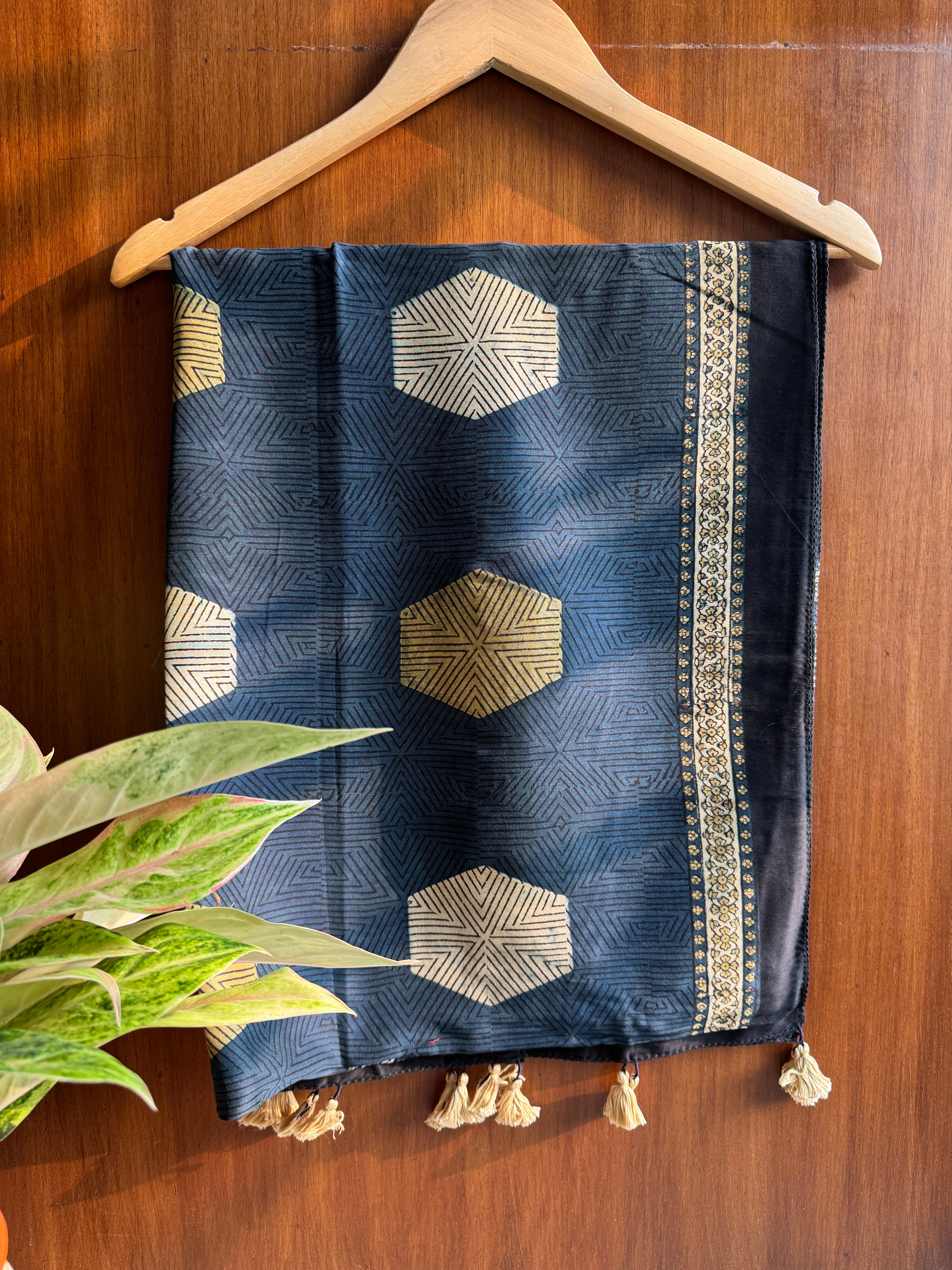Blue Ajrakh Chanderi stole