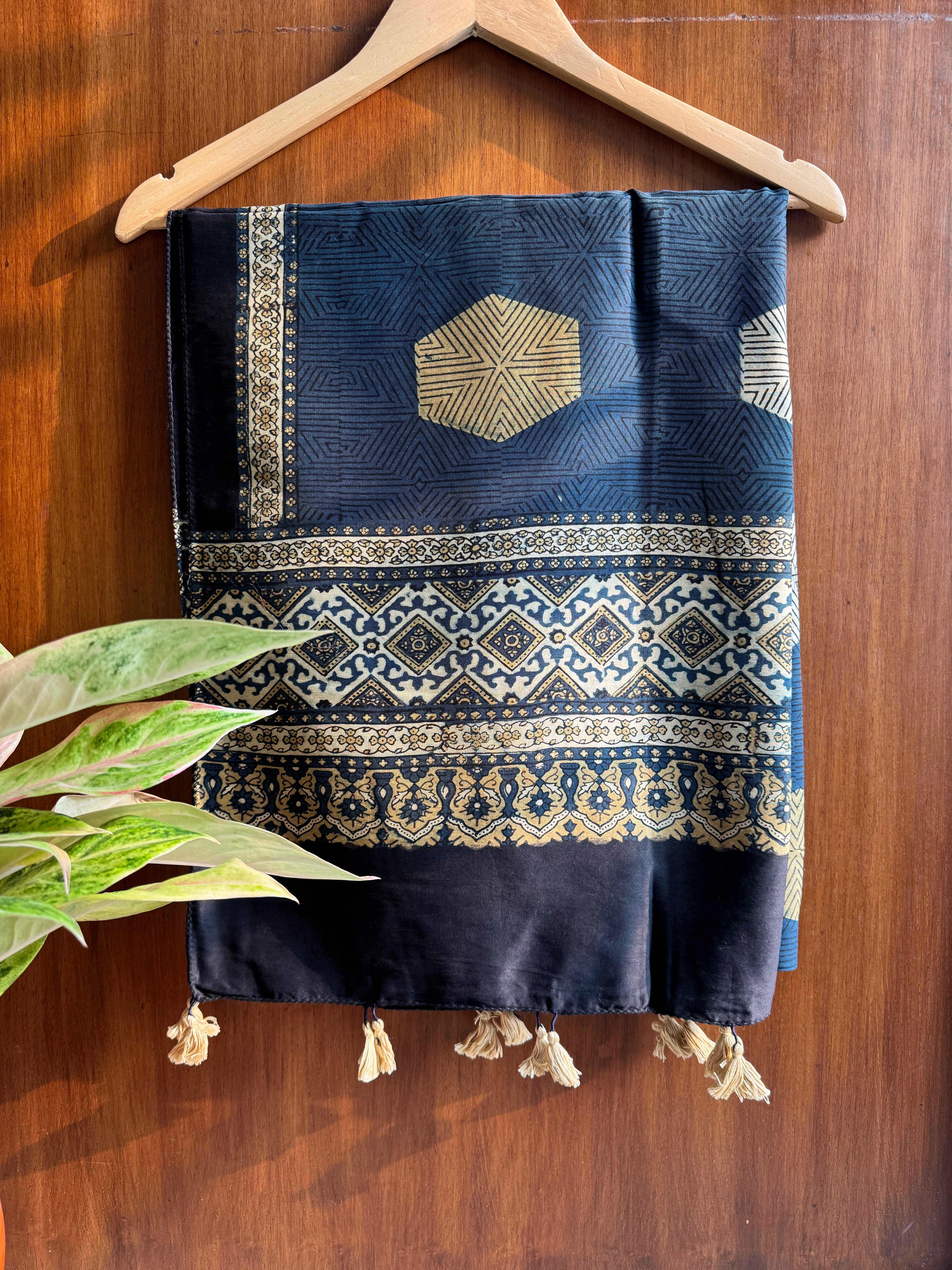 Blue Ajrakh Chanderi stole