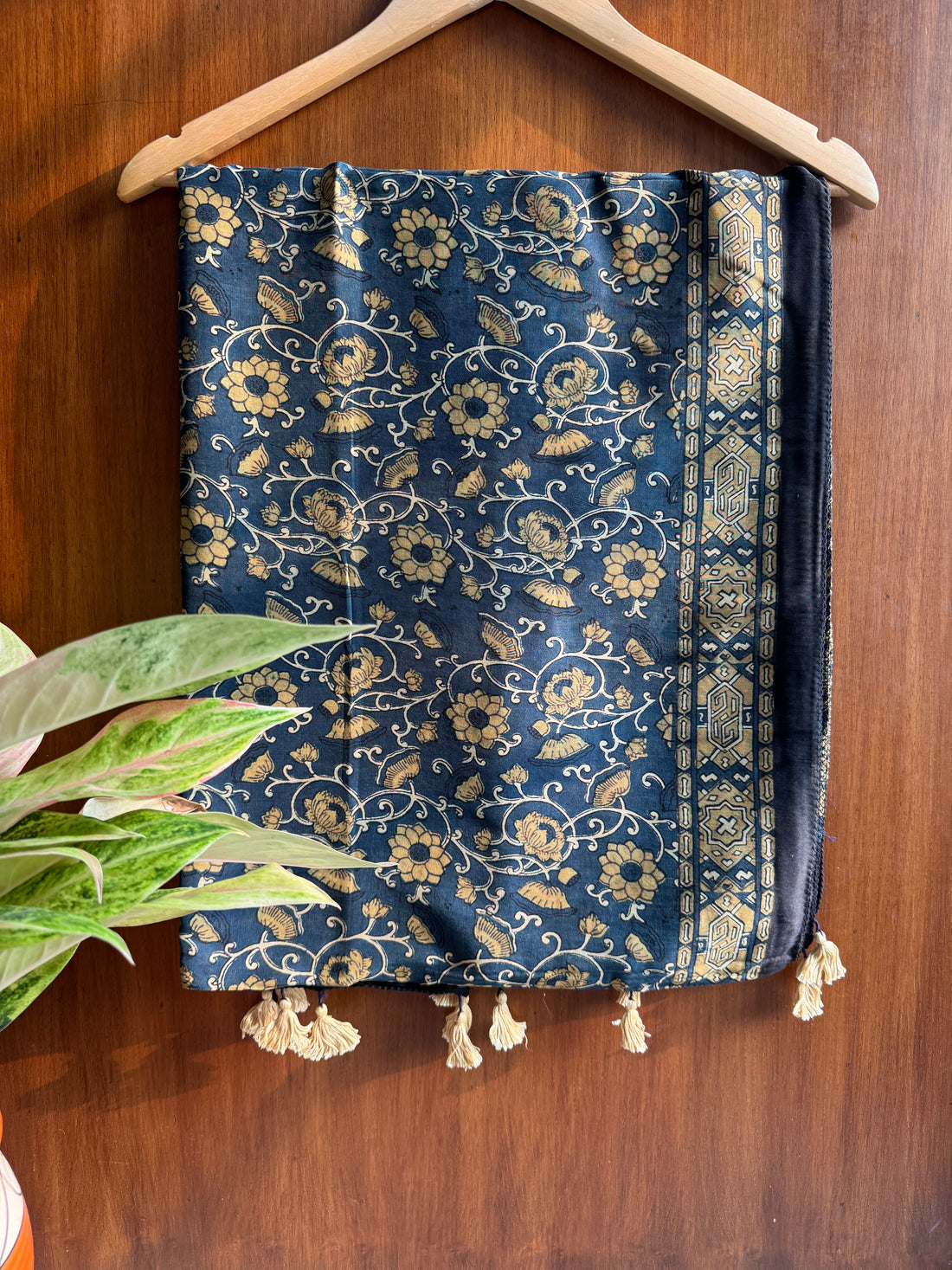 Indigo Ajrakh  Floral Chanderi Stole