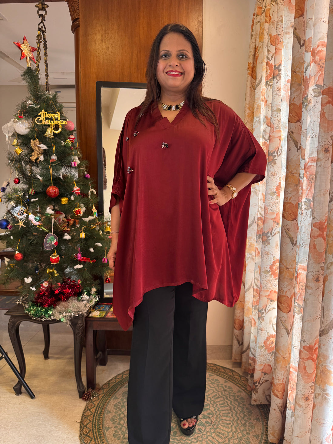 Modal Silk Kaftan- Maroon